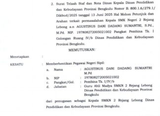 Kepala SMKN 2 Rejang Lebong ‘Agustinus Dani’ Resmi Diberhentikan
