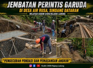 Pembangunan Jembatan Perintis Garuda Kodim 0409/Rejang Lebong di Air Rusa Mulai Tahap Pengecoran Pondasi