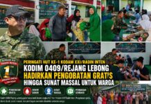 Peringati HUT Ke-1 Kodam XXI/Radin Inten, Kodim 0409/Rejang Lebong Hadirkan Pengobatan Gratis hingga Sunat Massal untuk Warga